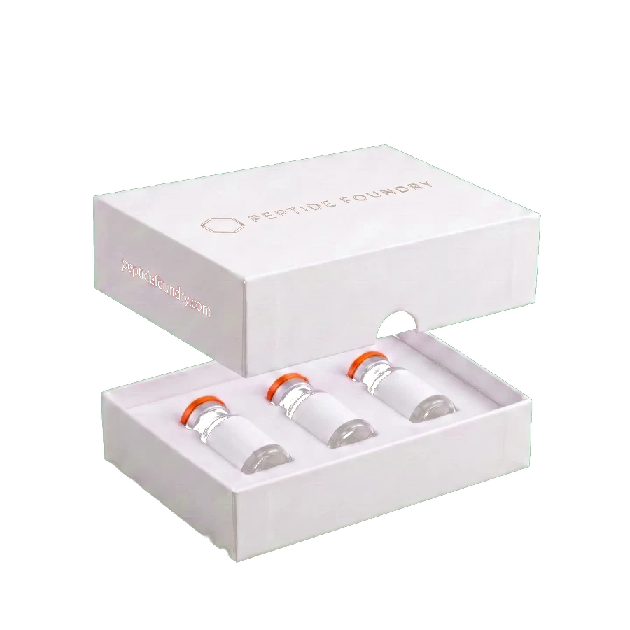 Peptide Foundry packaging box, lid raised, three vials seated in die-cut foam